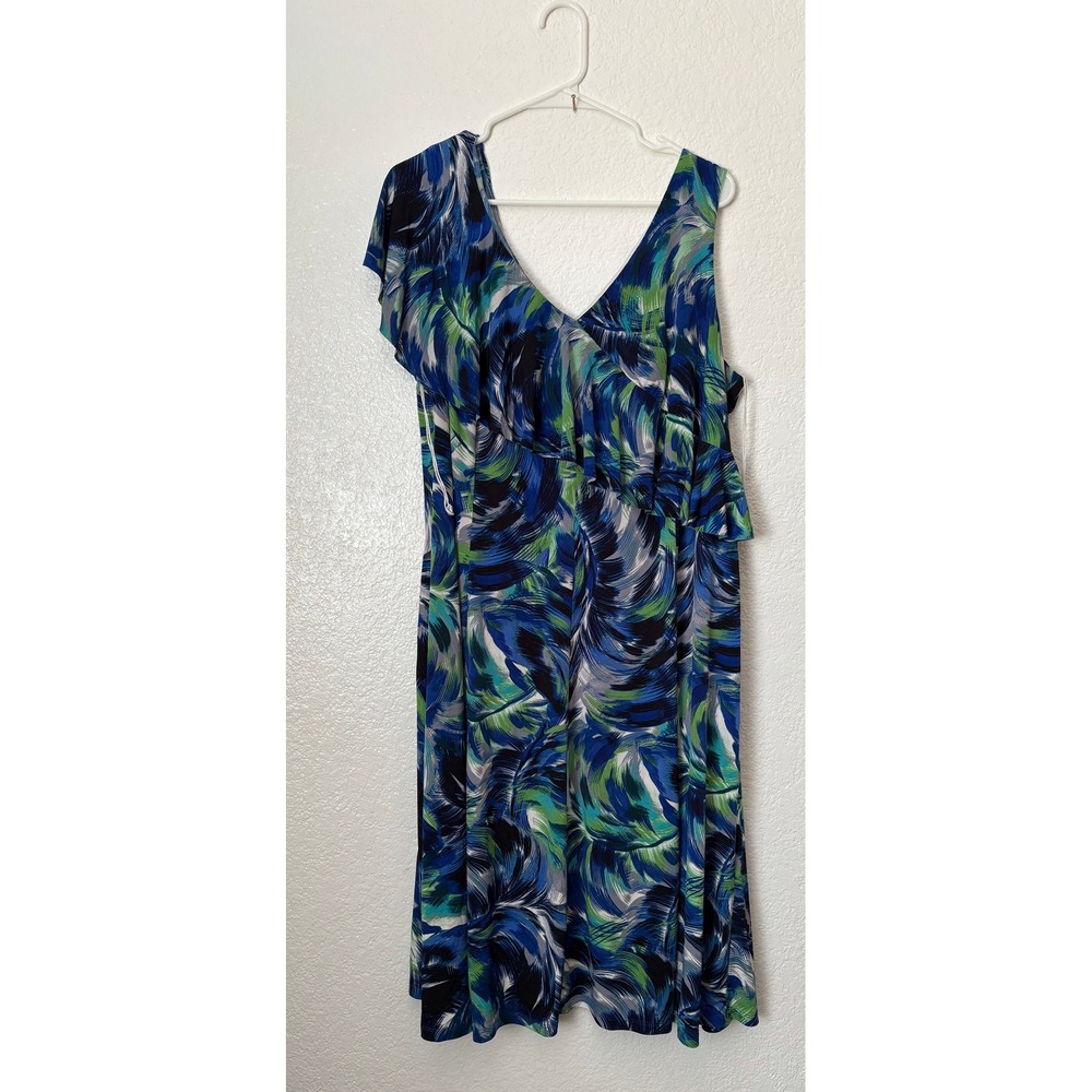 London Times Woman 2X Blue Green Abstract Print V-Neck Sleeveless Dress Wedding‎